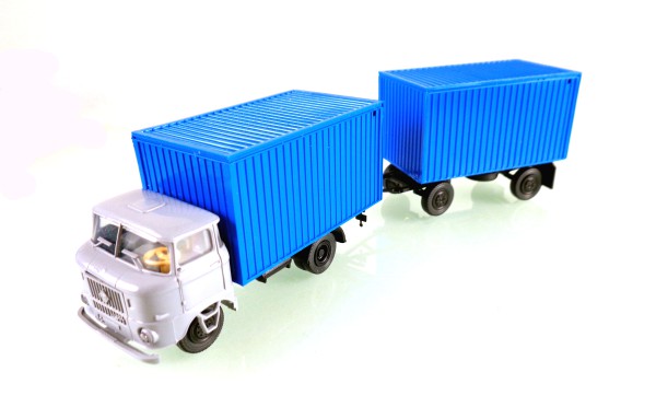 H0 14105911 grbl Lkw W50L Hängerzug mit Werkstatt-Kofferaufbau grau / blau