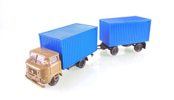 H0 14105911 bgbl Lkw W50L Hängerzug mit Werkstatt-Kofferaufbau sandbeige / blau