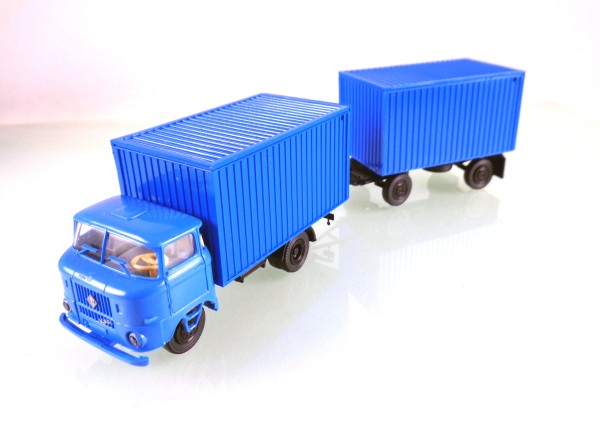 H0 14105911 blbl Lkw W50L Hängerzug mit Werkstatt-Kofferaufbau blau / blau